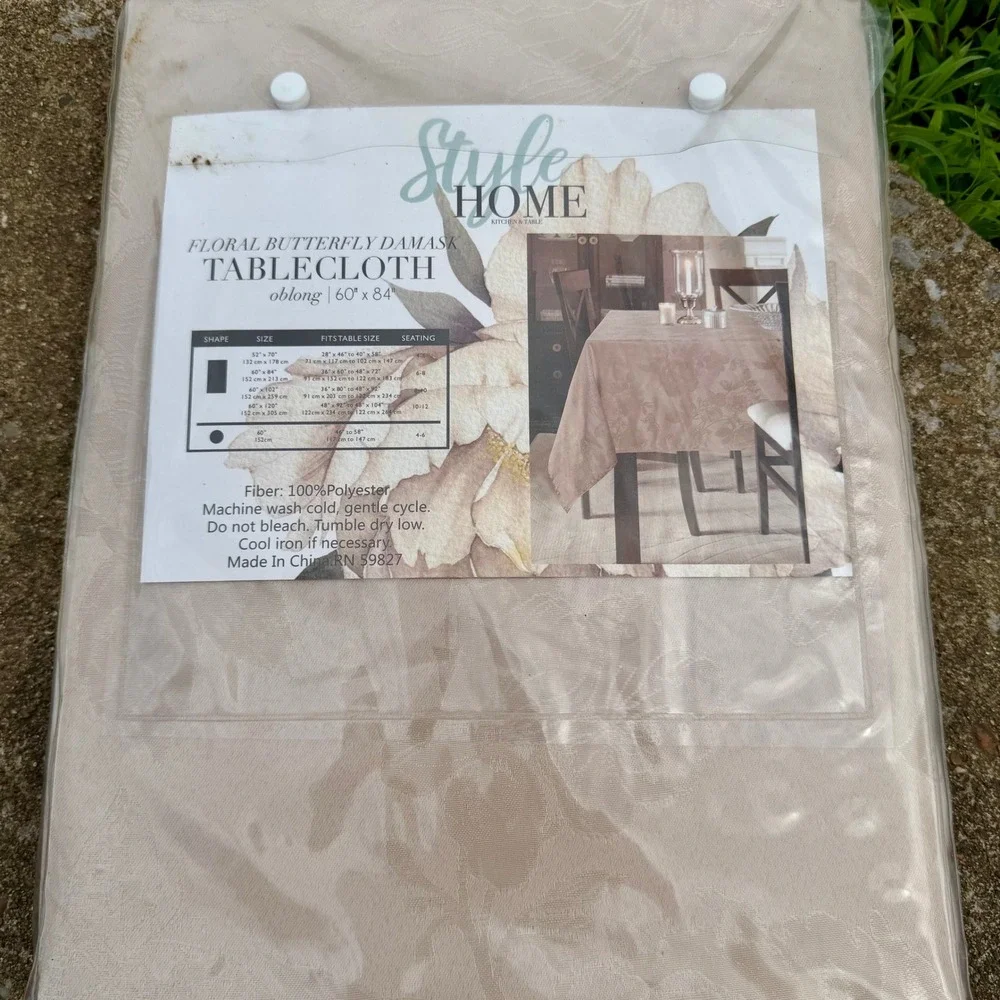 Vintage Style Home Floral Butterfly Damask Tablecloth Oblong 60x84 Beige New